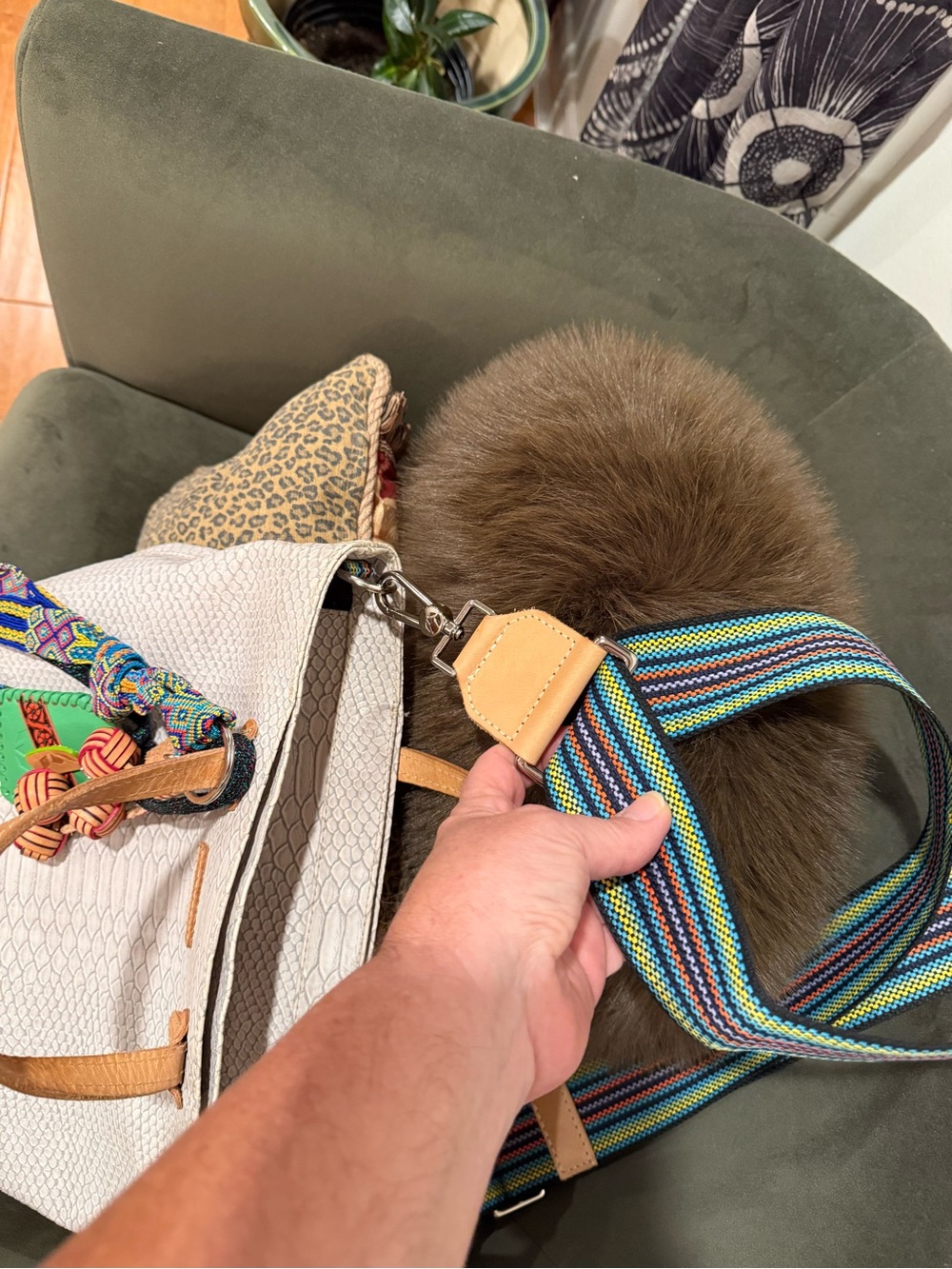 Consuela White Textured Tote with Tan Handles and Multicolor Strap - Picture 13 of 14